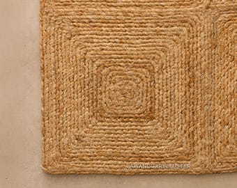 Indian Handmade Natural Beige Scandinavian Rug, Handmade Jute Rug, Jute Box Pattern Rug, Ivory and Beige Rug, 100% Natural Jute Rug