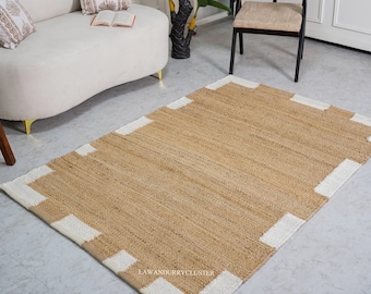 Hand Loomed Jute Rug, Natural Hemp, White Border, Boho Area Rug, Custom Size