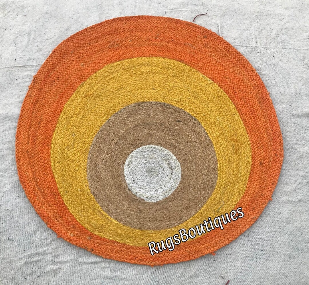 Pulse Border Rug Round Colourful Border Natural Jute Rug, Natural Fiber Vintage Rug ...