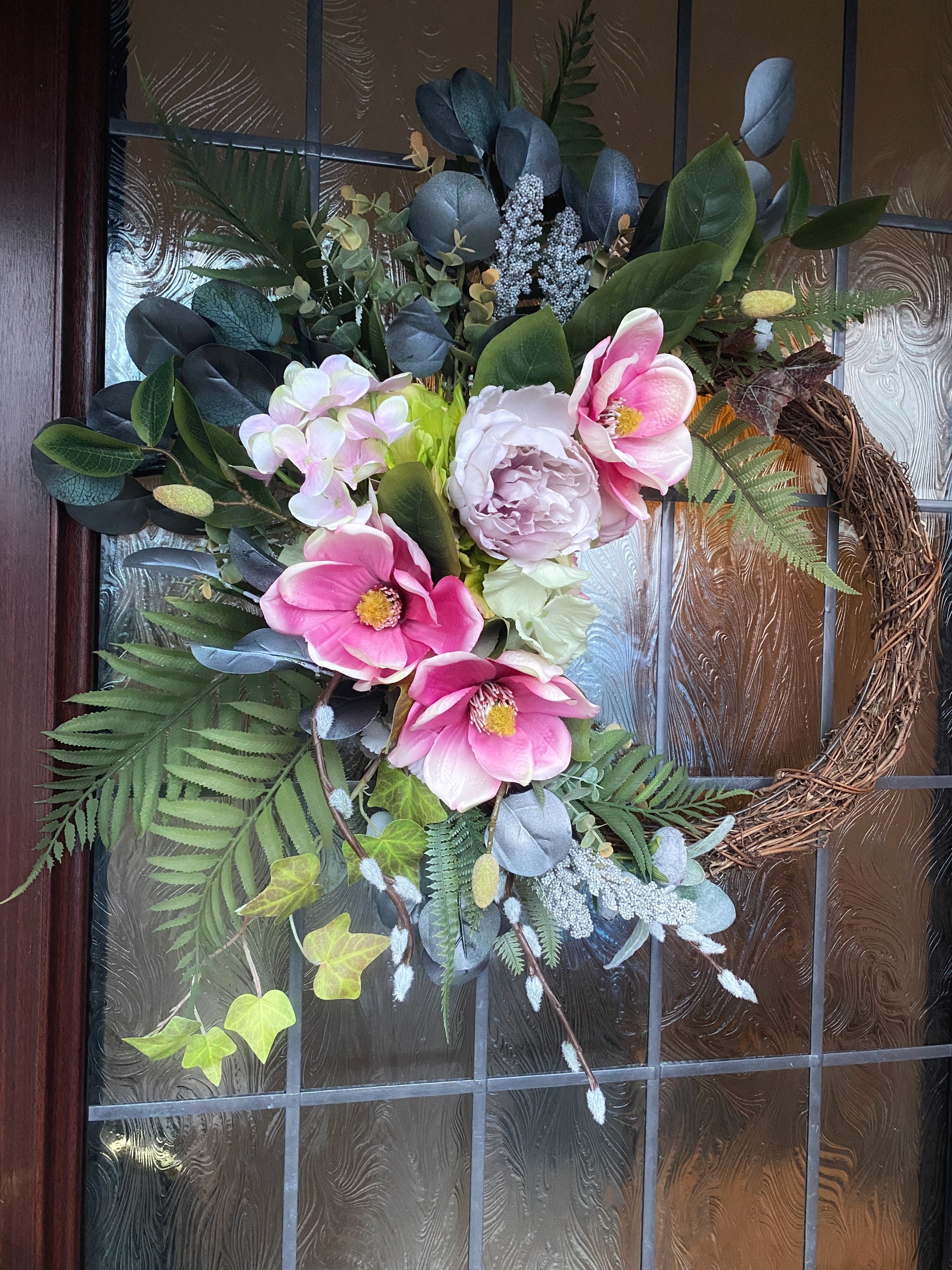 Ghirlanda Porta Con Peonie Fatte A Mano 58 Cm – Fiori In Seta E Rattan, Decorazione Per Interni/Esterni, Primavera - 4