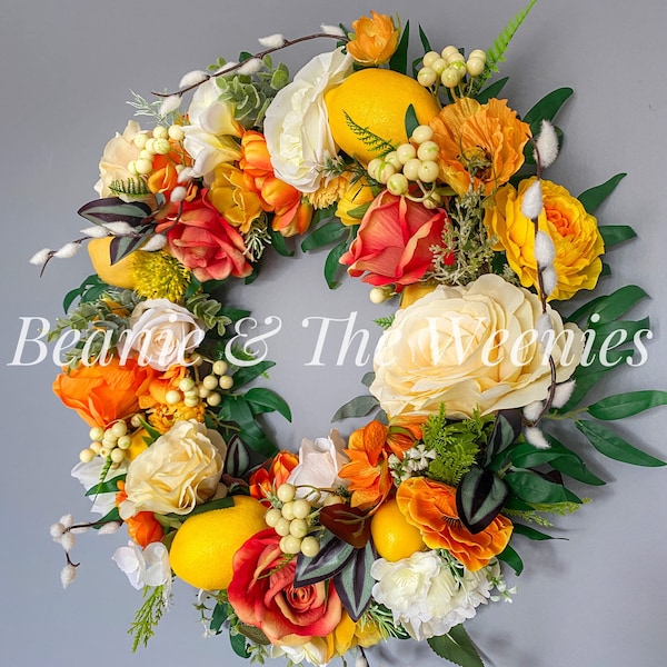 Wreath For Front Door, Lemon Verbena. Sunflower Yellows & Orange Faux Flowers, Spring, Summer, Easter, Delivery And Gift Wrapped, UK