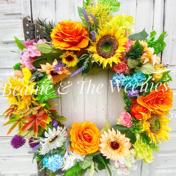 Spring Wreath For Front Door UK, Summer, Sunflowers, Yellows, Faux Flowers, Bright, Fresh Neon Decor, Wall Art, Boho, Bright, Large, Lux. UK