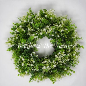 Spring Wreath For Front Door, Delicate White Flowers, Faux Greenery, Babies Breath, Evergreen, Eucalyptus, Birthday Gift, Artificial Floral