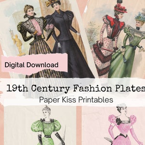 Set van 4 Fashion Plate Prints uit Delineator Magazine eind 19e eeuw Vrouwen in Victoriaanse jurken voor tijdschriften, Papercrafts Digitale Download