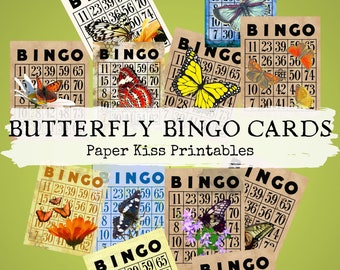 Altered Bingo Cards Vintage-style Butterfly Printable Digital Ephemera Download for Junk Journals, Scrapbooking, Collage