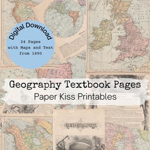 Geografie Lehrbuchseiten von 1890 enthalten Vintage Karten und Text für Hintergründe in Journalen, Collage, Travelers Notebooks, Ephemera