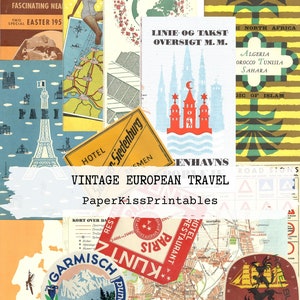 Coisas efêmeras de viagens europeias autênticas e vintage do início dos anos 1950 Download digital para Junk Journal ou colagem; Capas de panfletos, mapas, etiquetas de hotéis