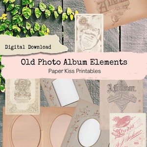 Vintage photo album elements including mat frames and backmarks, digital download for junk journals scrapbooking, no photos included