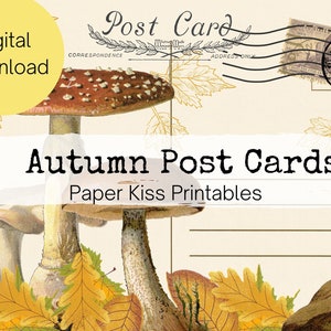 Seis cartões postais de outono e outono Download digital Espantalho, Coruja, Cogumelo, Maçã, Abóbora, Esquilo para Junk Journals, Scrapbooking Ephemera