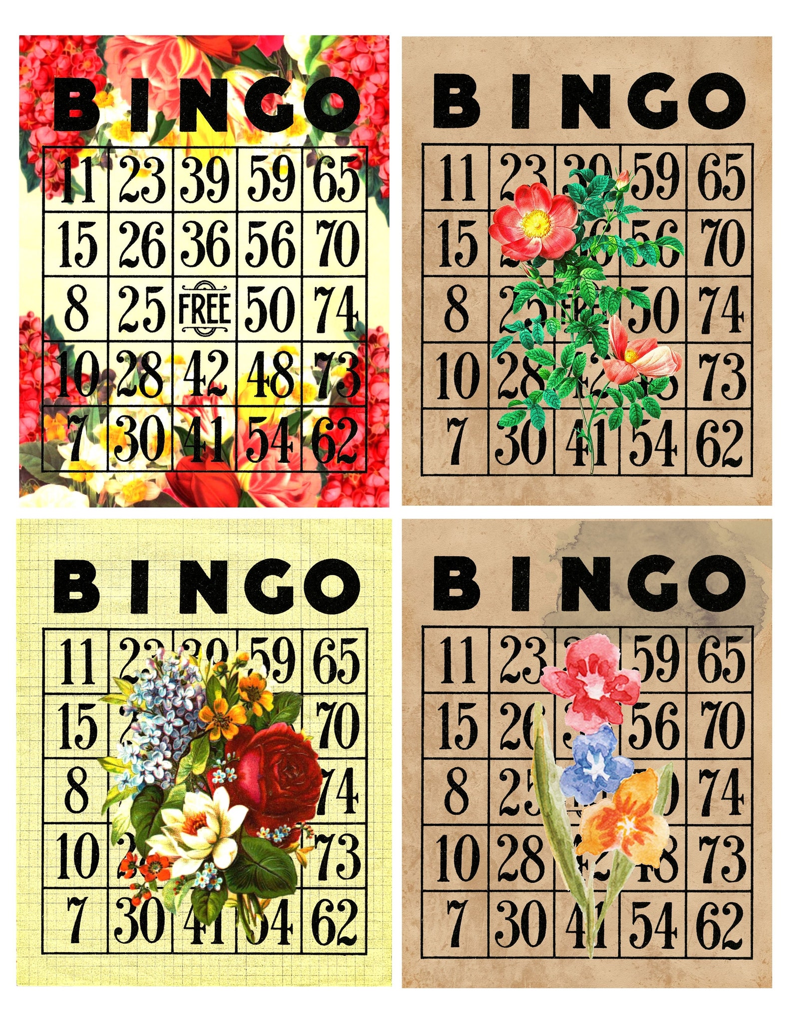 Altered Bingo Cards Vintagestyle Flower Printable Digital Ephemera