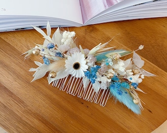 Blue Flower Comb Wedding, Dried flower Hair comb, rustic floral hair comb, white floral hair comb, elegant hair comb, bridal hair accesories