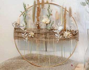 Couronne de fleurs neutres 30 cm, Anneau en métal avec fleurs séchées et cordon de jute, Couronne de fleurs séchées, Couronne de fenêtre, Décoration murale, Décoration de bureau