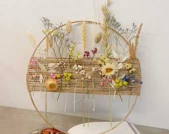 Summer Flower Wreath 15 cm, Metal ring with dried flowers and jute cord, Dried flower wreath, Window wreath, Wall Decoration, Desk Decor