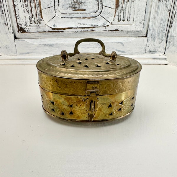 Pierced Brass Cricket Box, Pierced Brass Potpourri Box, Perforated Brass Trinket box with Latch