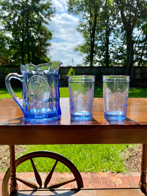 Tiara Glass Jack and Jill Pitcher Set in Blue, Childs Sized Blue