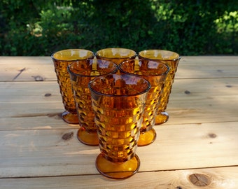 Vintage Amber Footed Tumblers with cubed pattern Set of 6, Amber Whitehall Colony Goblet