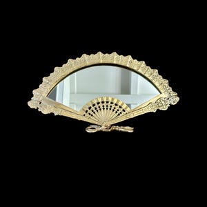 Brass Fan Table Mirror, Art Nouveau Spanish Lace Flamenco Fan Shape Mirror, Ornate Brass Tabletop Mirror