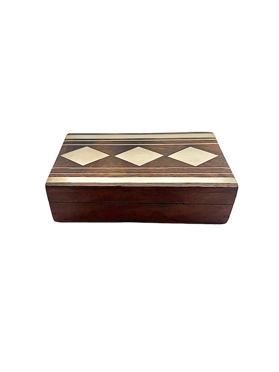 Wood with brass inlay lidded box, wooden jewelry … - image 1