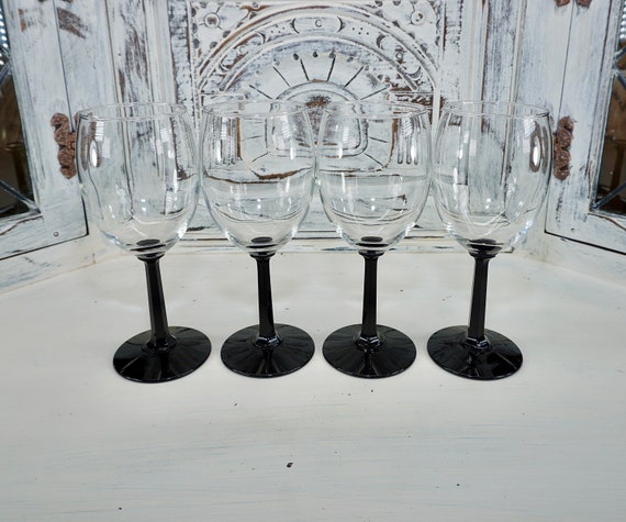 Set of 4 Black Stem Wine Glasses, Hexagon Black Stemmed Wine Glasses 