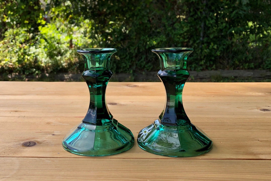 Emerald Green Glass Candlestick Holders Set of 2 Vintage Etsy