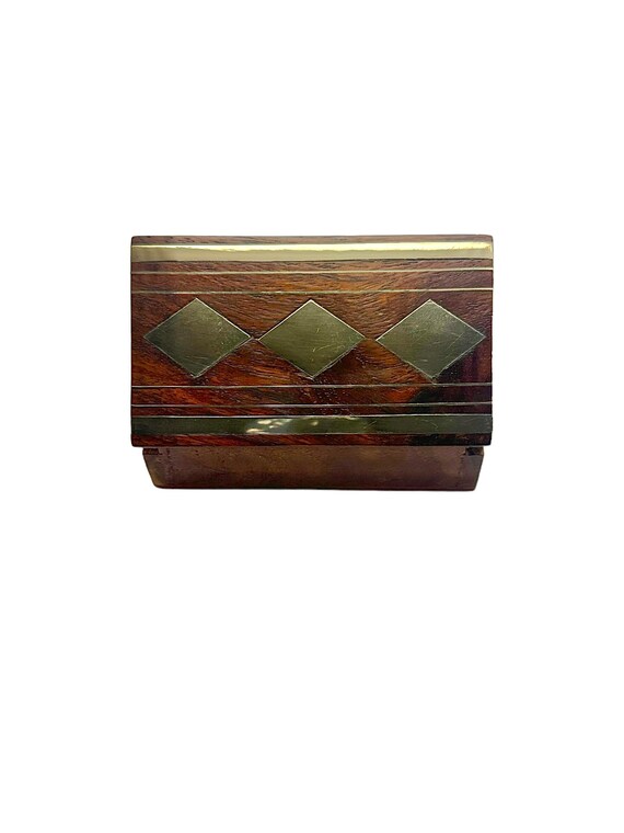 Wood with brass inlay lidded box, wooden jewelry … - image 5