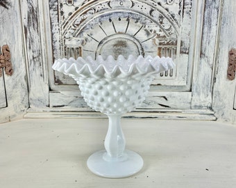 Fenton Hobnail Milk Glass Compote, Fenton Milk Glass Compote