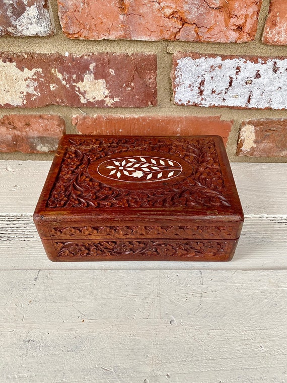 Floral Carved wood with bone inlay lidded box, car
