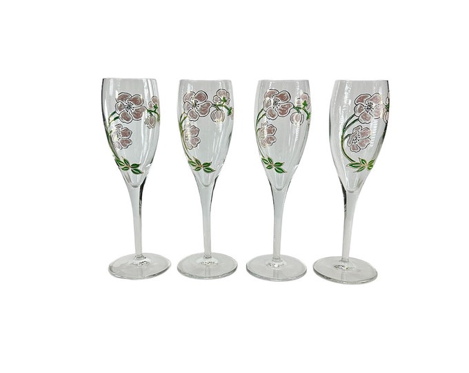 Set of Perrier Jouet Champagne Glasses, Vintage Hand Painted Champagne