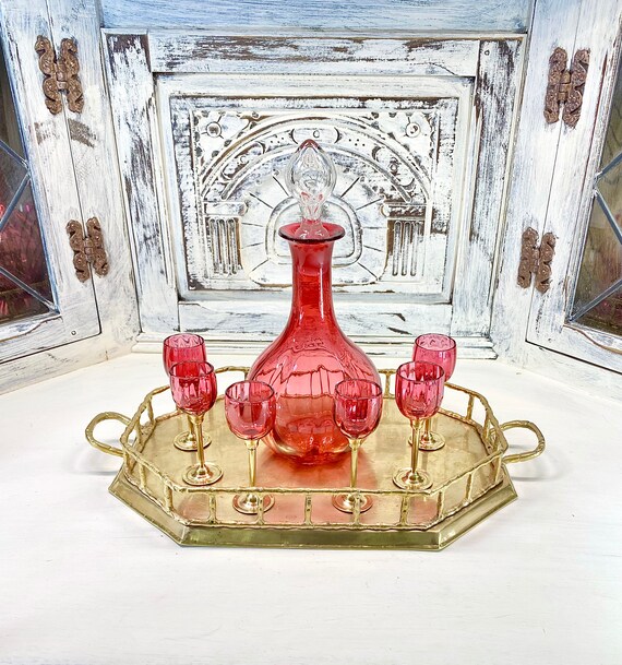 Hand Blown Pink Glass Decanter Set Vintage Cranberry Glass Etsy