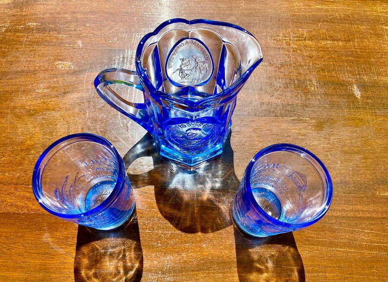 Tiara Glass Jack and Jill Pitcher Set in Blue Childs Sized Etsy