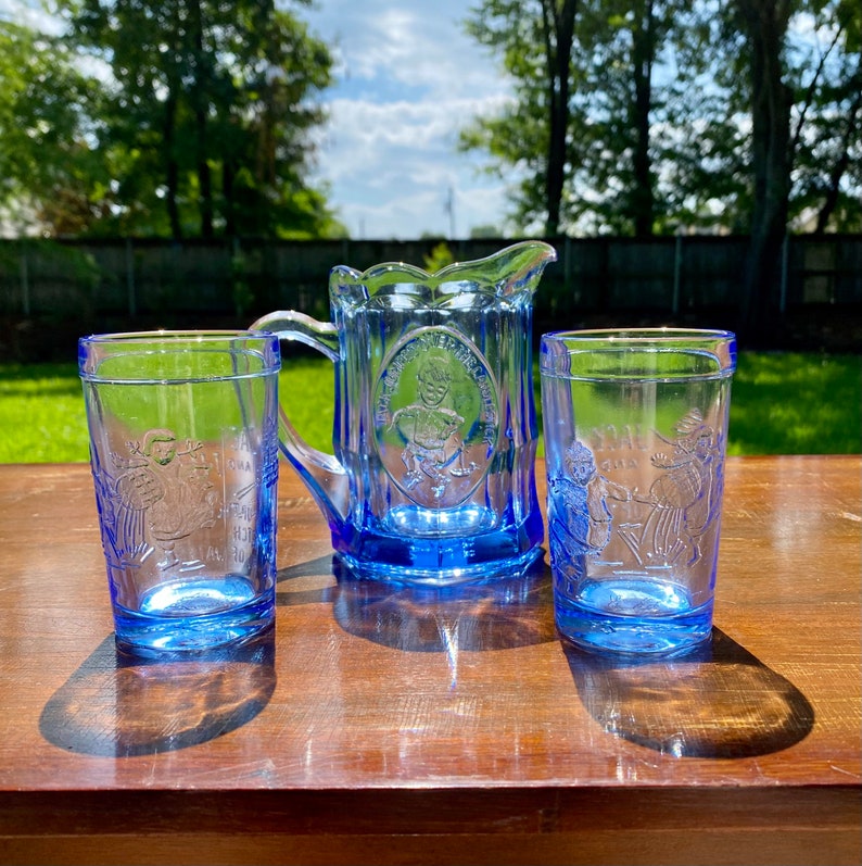 Tiara Glass Jack and Jill Pitcher Set in Blue Childs Sized Etsy