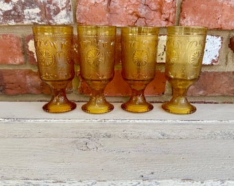 Set of 4 American Concord Amber Water Goblets, Amber Scroll Pattern Water Goblets, Vintage Amber Stemware