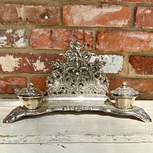 Vintage Silverplate Letter rack with Double Inkwells, Letter Holder, Silver Desk decor, Silver Inkwell
