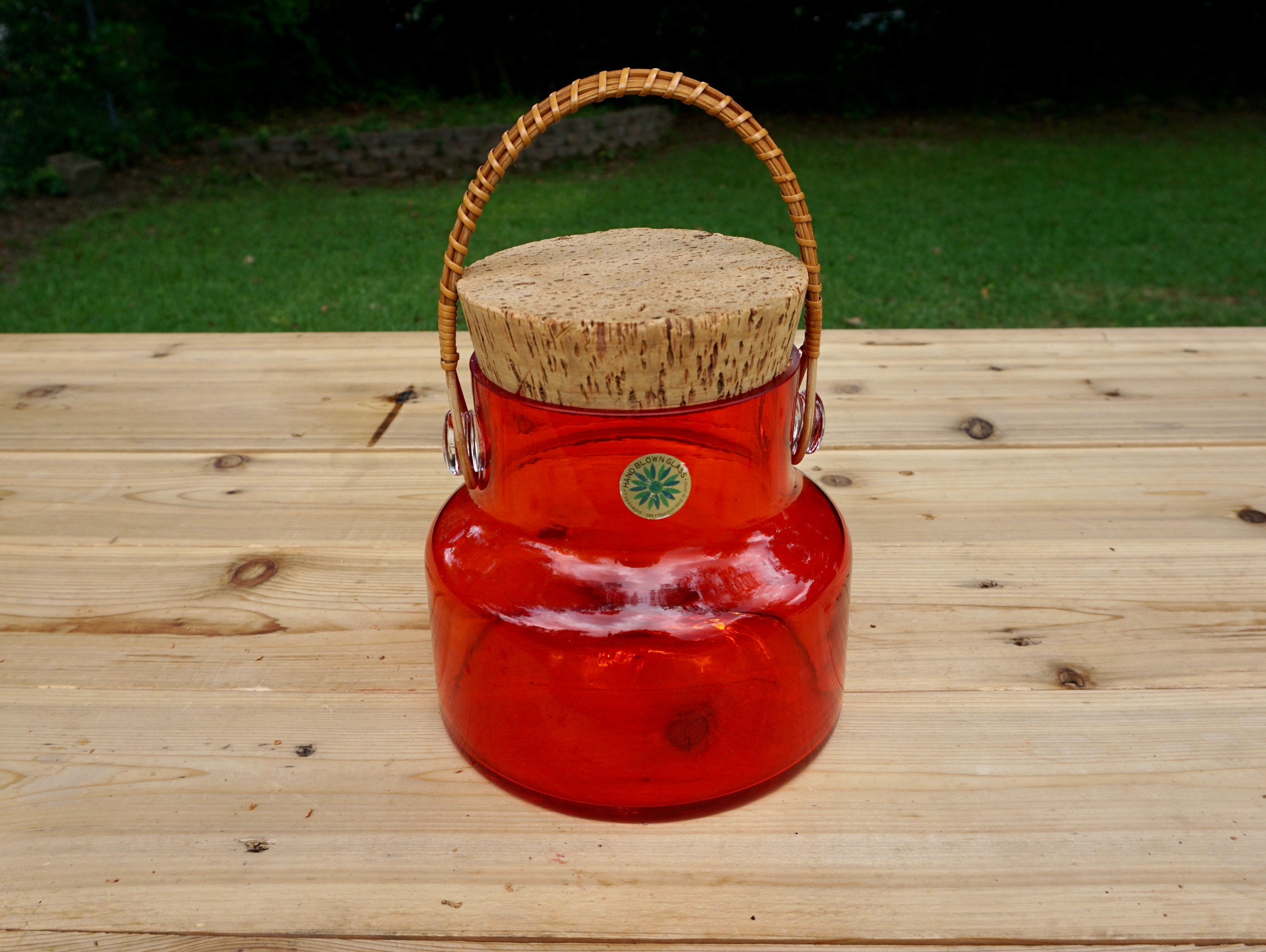 Takahashi Red Glass Jar with Cork Lid and Wicker handle Large Etsy