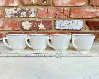 Petalware Cremax (Gold Trim) by MacBeth-Evans 4 cups Vintage Opalescent Tea Cups, Drepession opalescent off white glass
