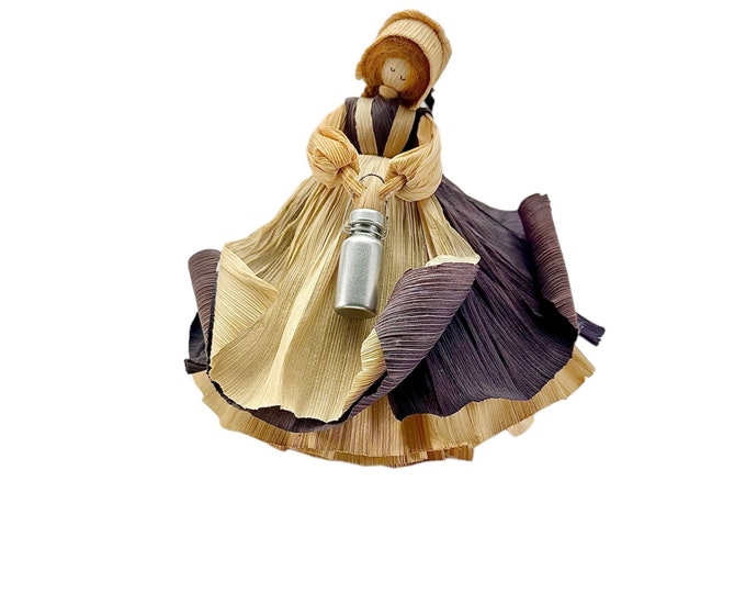 Nans Corn Husk Collectible Doll, Vintage Corn Husk Doll With Milk Jug