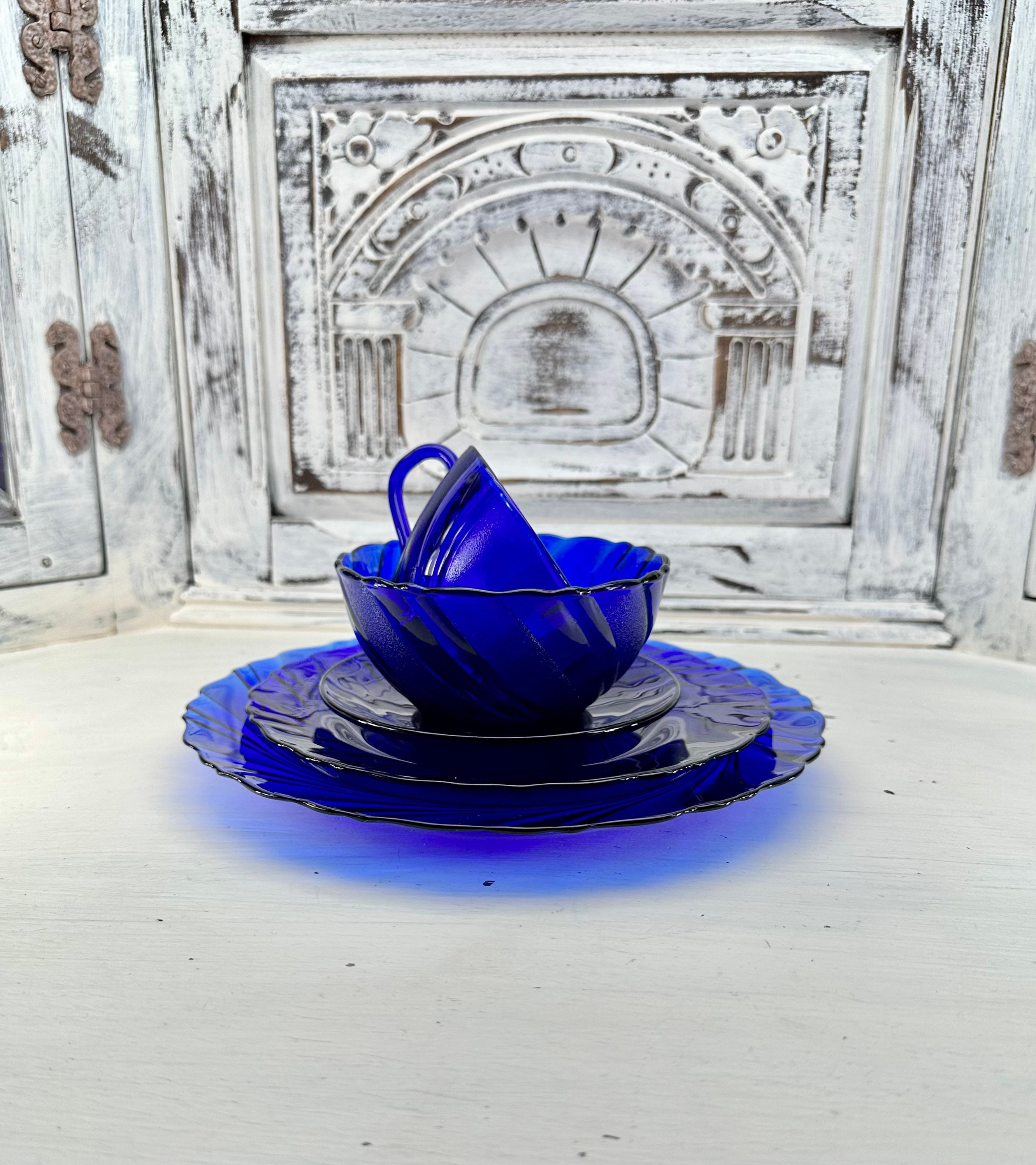 Rivage Cobalt by Duralex Swirl Pattern Set of 5, Vintage Cobalt