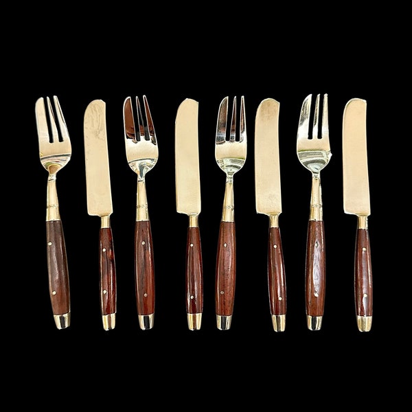 Brass Demitasse Cutlery Set of 8, Small Brass and Teakwood Flatware, Brass Hors D'oeuvre Forks & Knives