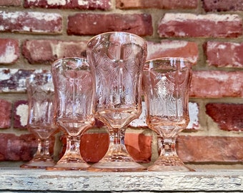 Set of 4 Recollection Pink by Indiana Glass Scroll Pattern Water Goblets, Vintage Pink footed Tumblers, Pink Etched Water Glasses, Pink wine