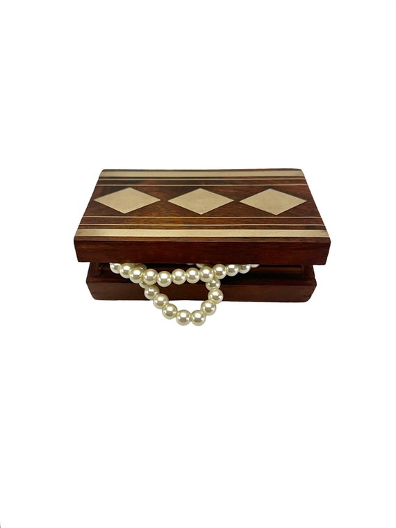 Wood with brass inlay lidded box, wooden jewelry … - image 2