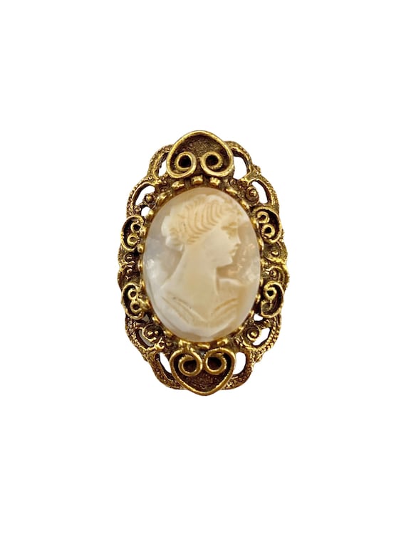 Vintage Gold Cameo Brooch, Vintage Gold toned Cam… - image 1