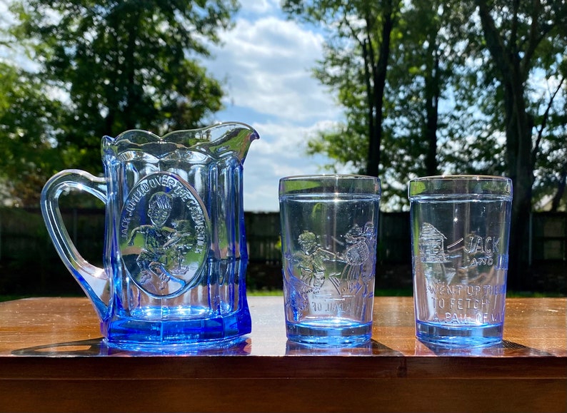 Tiara Glass Jack and Jill Pitcher Set in Blue Childs Sized Etsy
