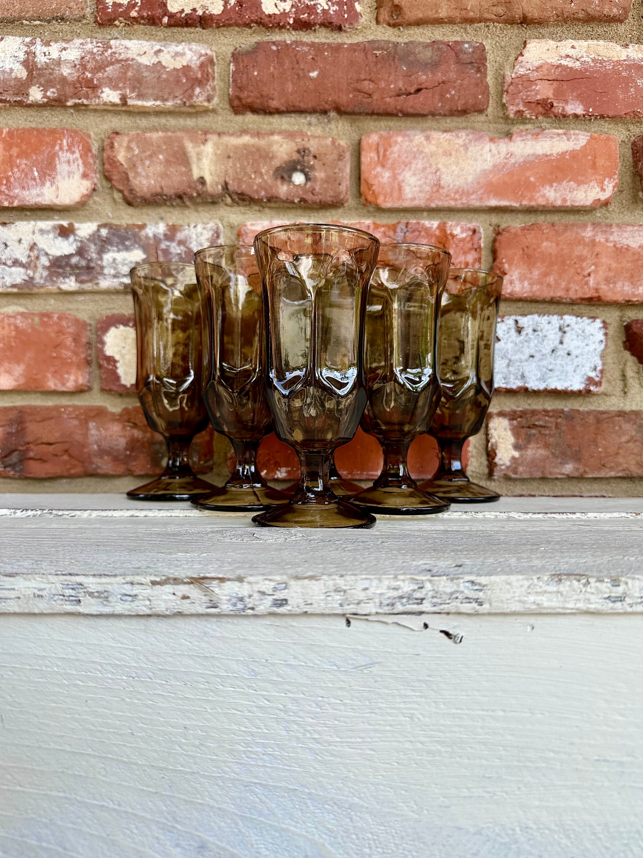 Vintage Duz Detergent Brown Footed Wine Glasses set of 6 Brown Glass Goblets, Brown Parfait Glasses, MCM Brown Glasses