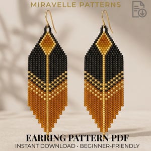 May include: A pair of beaded dangle earrings featuring a geometric pattern in black, gold, and amber beads with gold-tone hooks. The text MIRAVELLE PATTERNS and EARRING PATTERN PDF INSTANT DOWNLOAD BEGINNER-FRIENDLY is visible on the image.