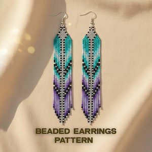 May include: A pair of beaded earrings with a turquoise, purple, black, and white pattern. The earrings have a silver hook and a geometric design. The text "BEADED EARRINGS PATTERN" is at the bottom.