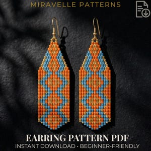 May include: Two beaded earrings with a geometric pattern in orange, blue, and gold. The earrings are teardrop-shaped and have gold-colored ear wires. The text "MIRAVELLE PATTERNS" and "EARRING PATTERN PDF" are visible.