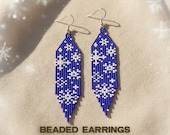 Snowflake Earrings Beading Pattern PDF – White on Blue Brick Stitch Fringe Tutorial