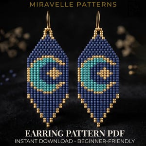 May include: Two beaded earrings with a geometric design. The earrings are primarily dark blue with teal and gold accents. The text "MIRAVELLE PATTERNS" and "EARRING PATTERN PDF" are displayed at the top and bottom of the image.