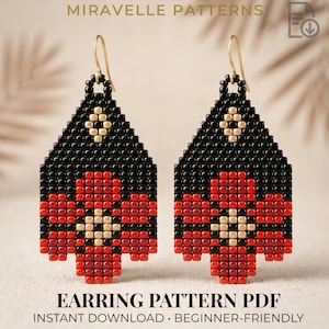 Peut inclure: Une paire de boucles d'oreilles en perles avec un motif géométrique en perles noires, rouges et dorées et des crochets dorés. Le texte MIRAVELLE PATTERNS EARRING PATTERN PDF INSTANT DOWNLOAD BEGINNER-FRIENDLY est visible sur l'image.
