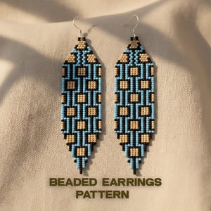 May include: A pair of beaded earrings with a geometric pattern. The earrings feature a combination of light blue, tan, and black beads. The text "BEADED EARRINGS PATTERN" is displayed at the bottom of the image.